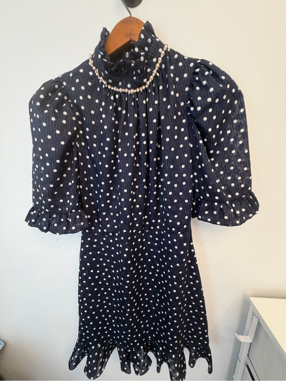 Sandro Paris Navy Polka Dot Puff Sleeve Dress